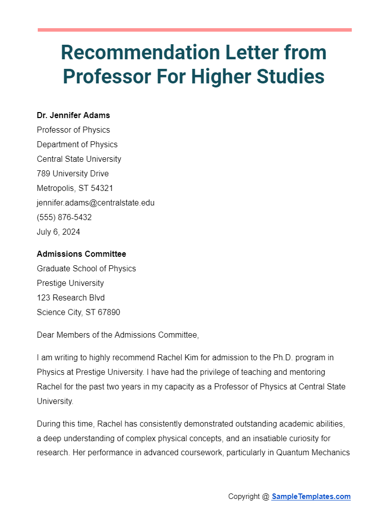 recommendation letter from professor for higher studies