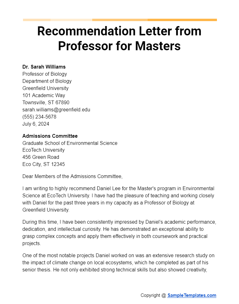 recommendation letter from professor for masters