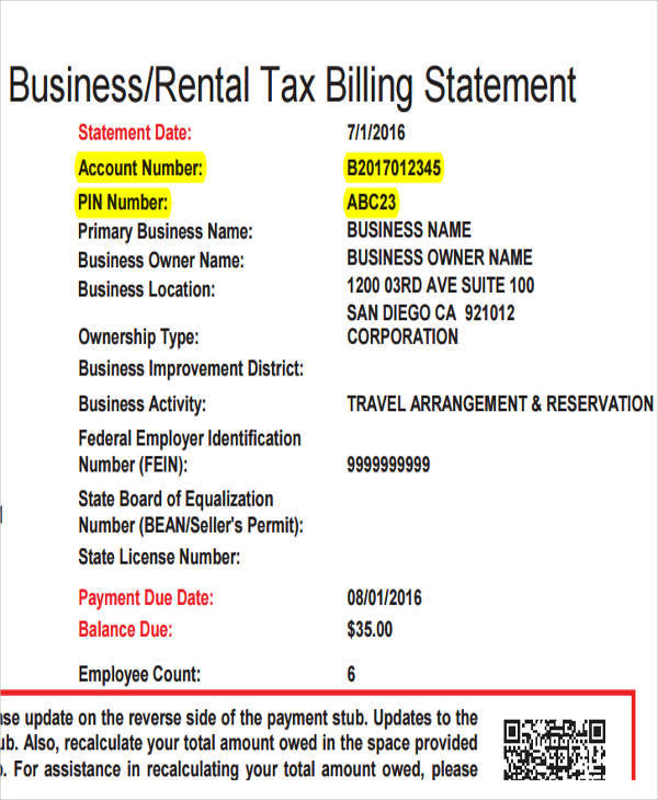 rental tax billing statement
