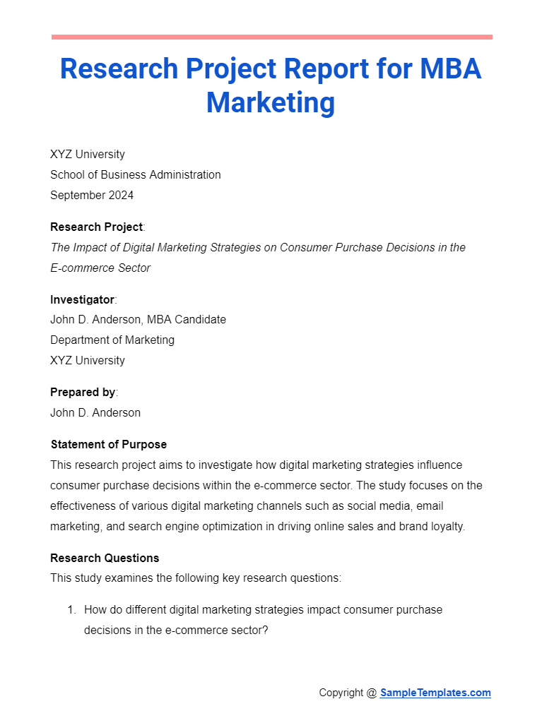 research project report for mba marketing