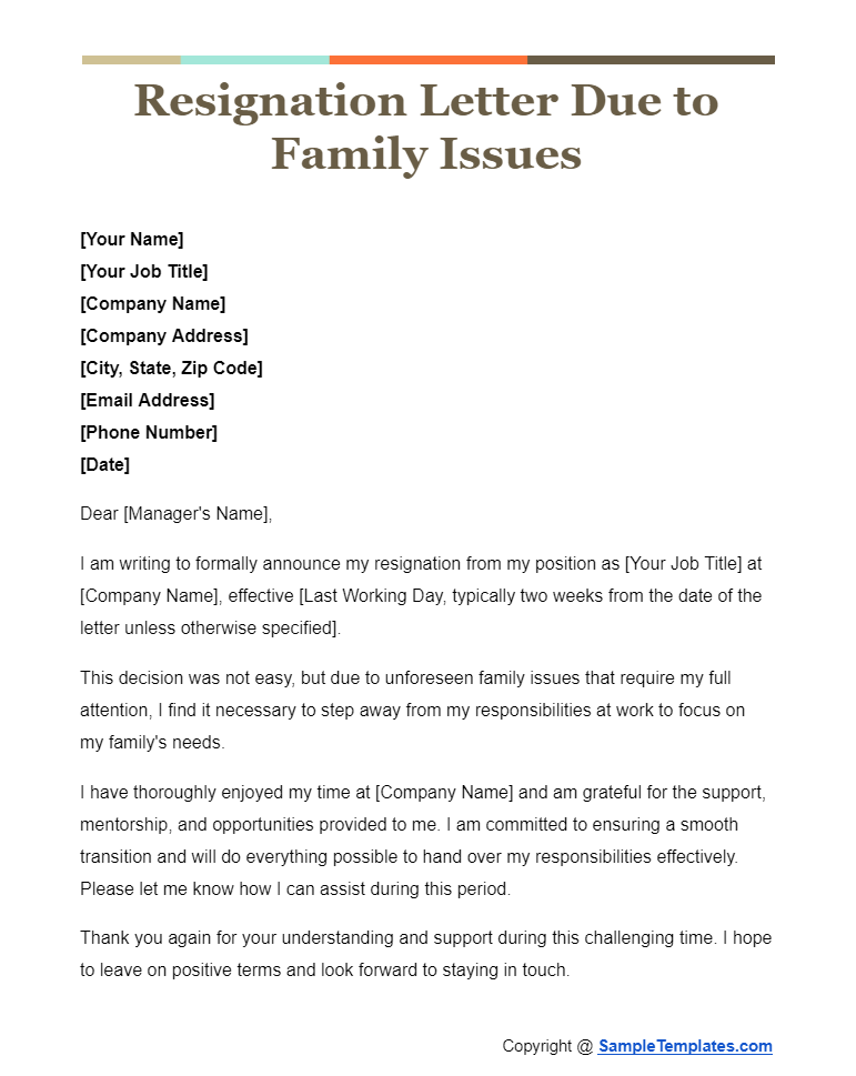resignation letter due to family issues