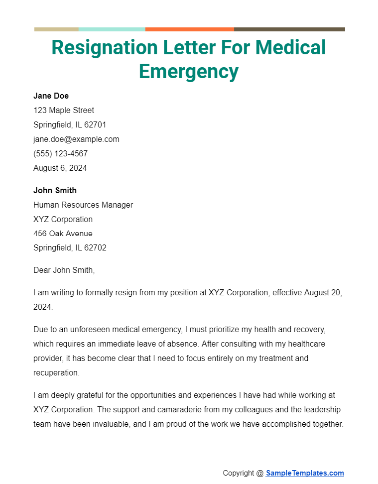 resignation letter for medical emergency