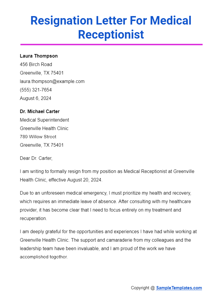 resignation letter for medical receptionist