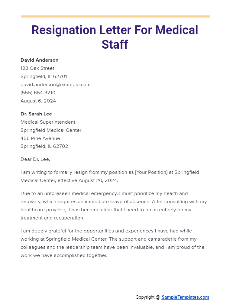 resignation letter for medical staff