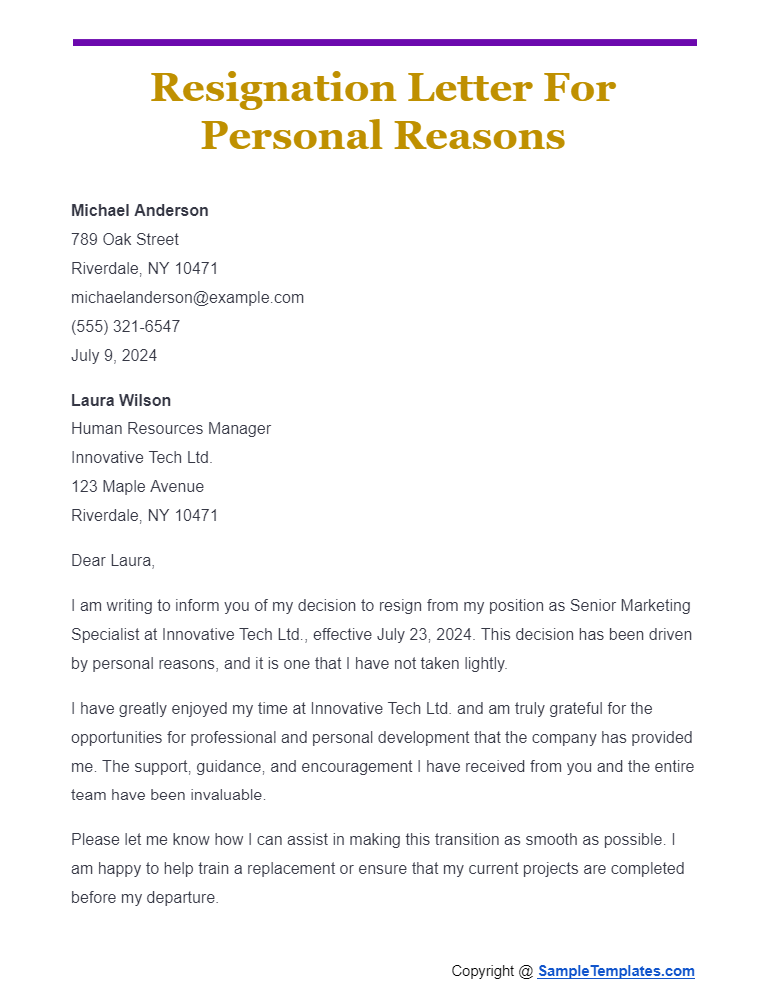 resignation letter for personal reasons 1