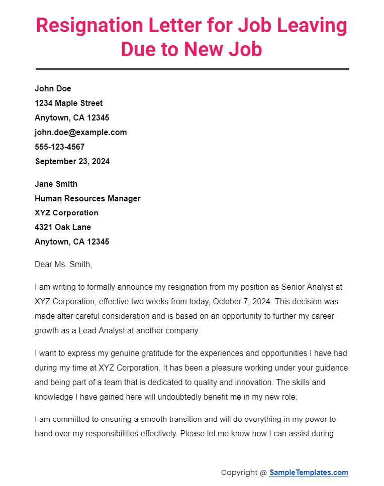 resignation letter for job leaving due to new job