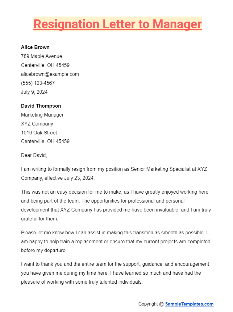 resignation letter to manager