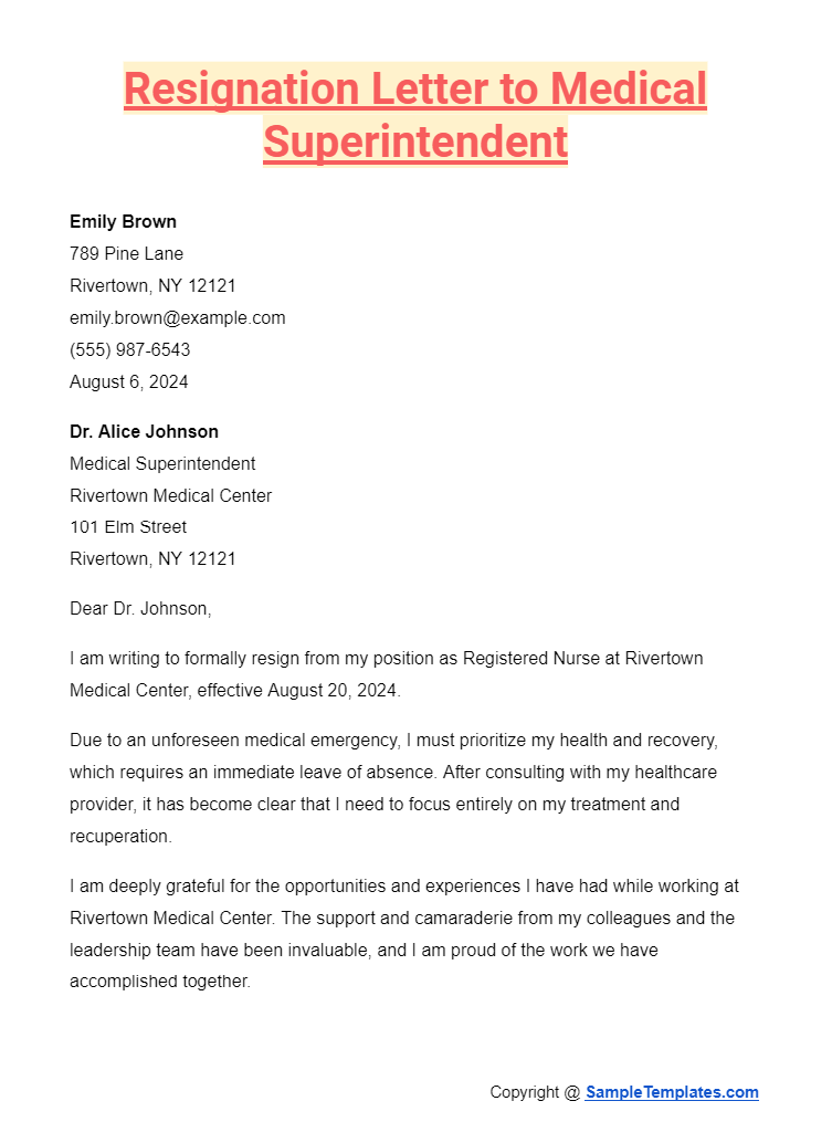 resignation letter to medical superintendent