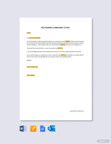 restaurant complaint letter template