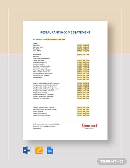 Restaurant Profit And Loss Statement Sample