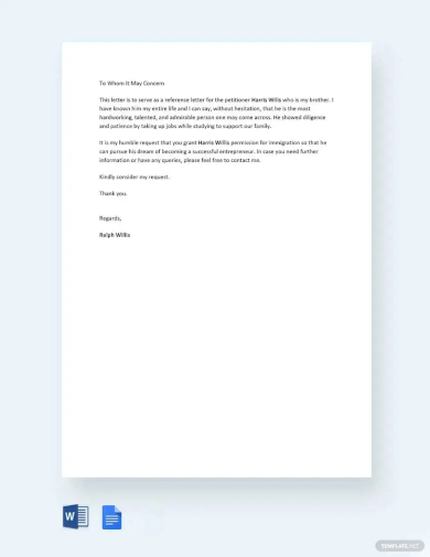 sample immigration reference letter for a family member template