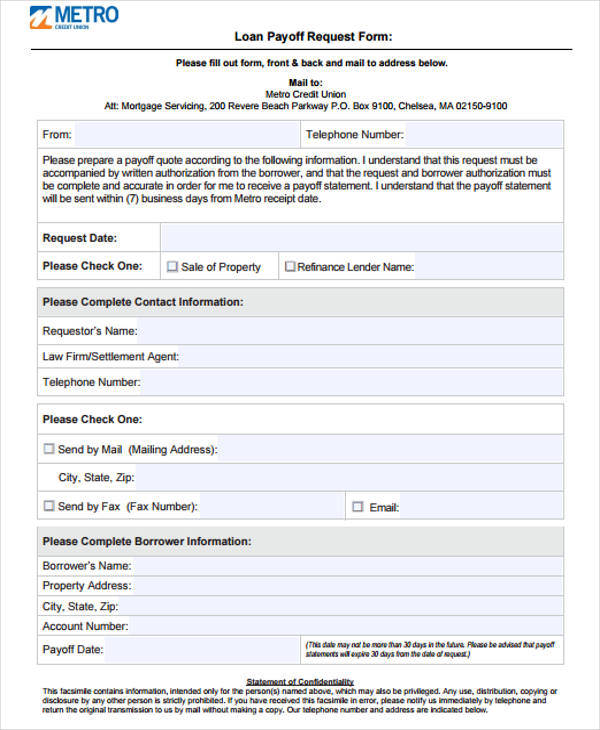 sample loan payoff request form