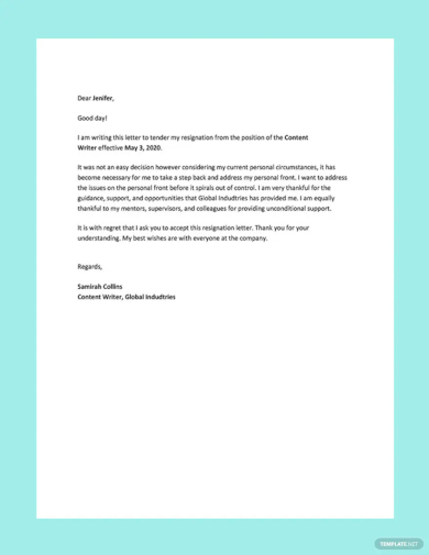 sample resignation letter template for personal reason