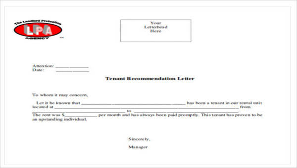 sample tenant recommendation letters