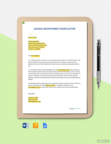 school receptionist cover letter template