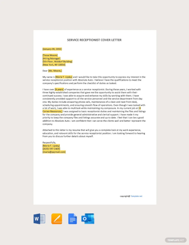 service receptionist cover letter template