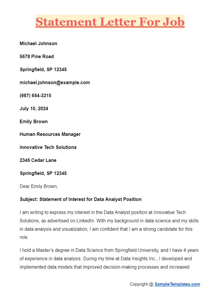 statement letter for job