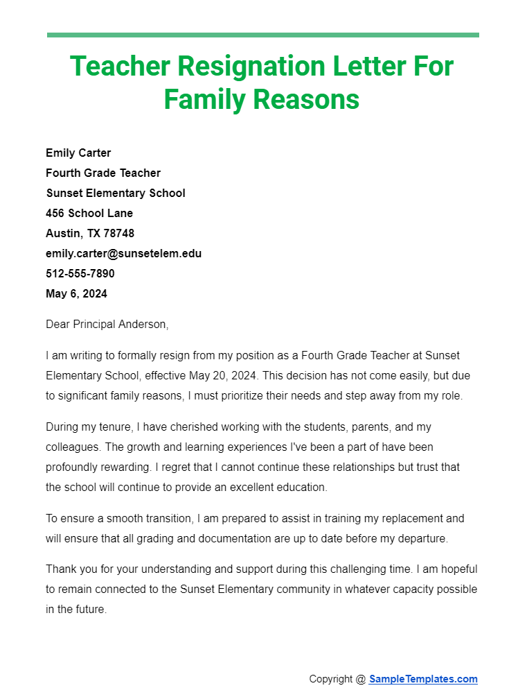 teacher resignation letter for family reasons