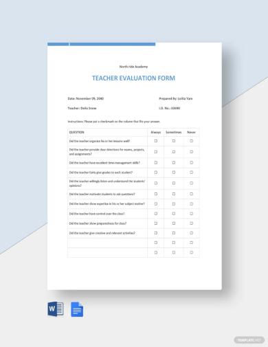 teachers evaluation form template