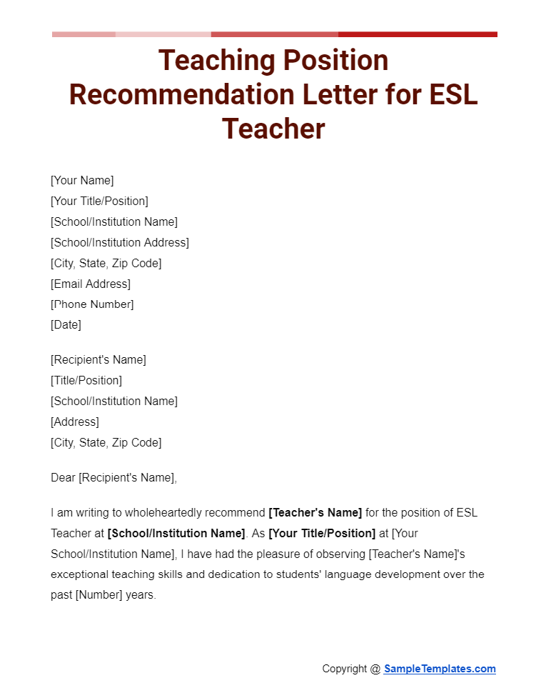 teaching position recommendation letter for esl teacher