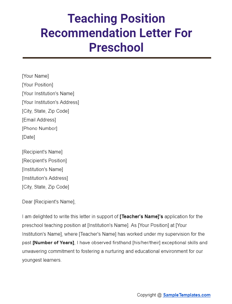 teaching position recommendation letter for preschool