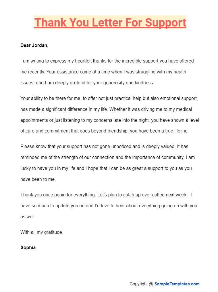 thank you letter for support