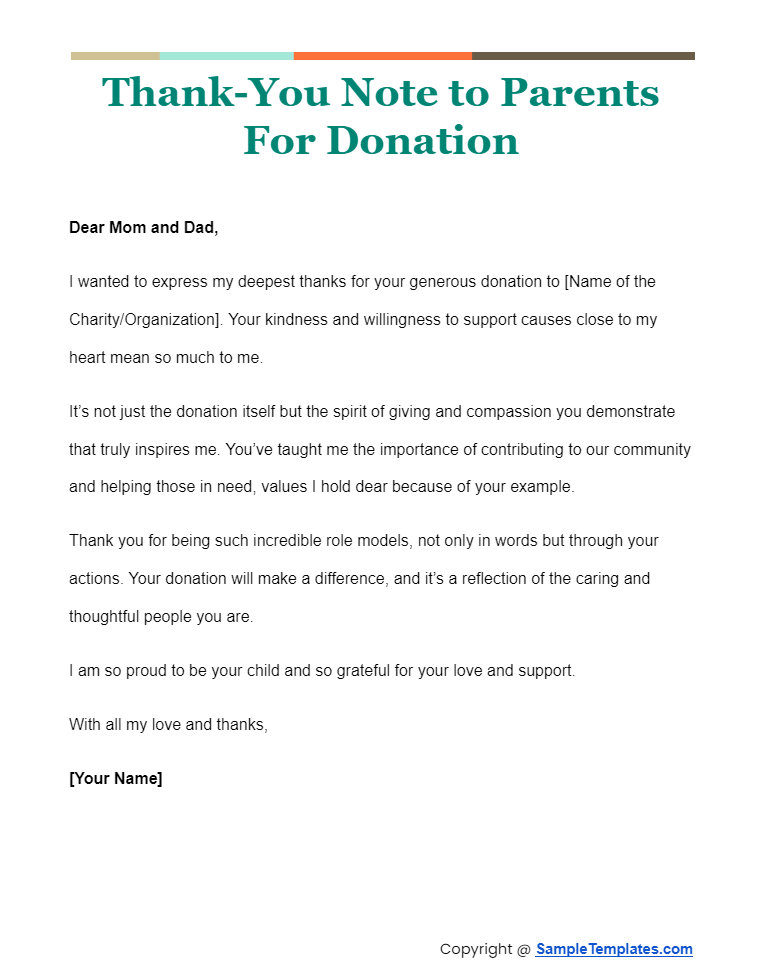 thank you note to parents for donation