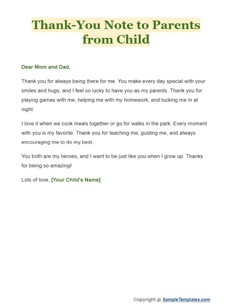 thank you note to parents from child