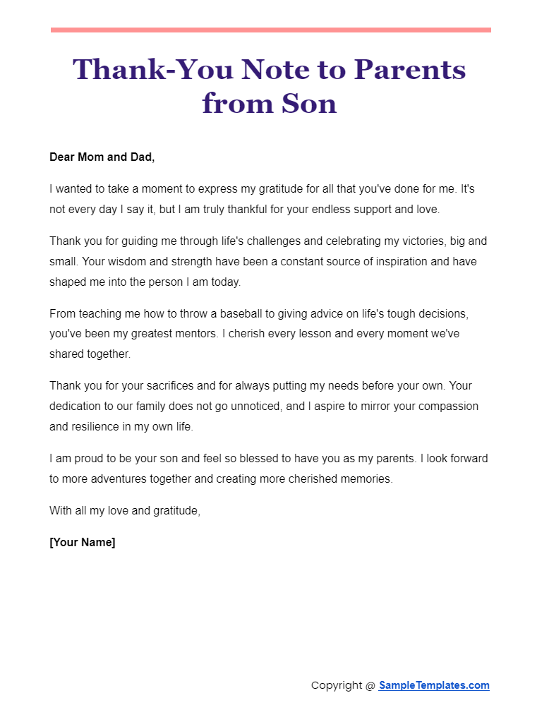 thank you note to parents from son