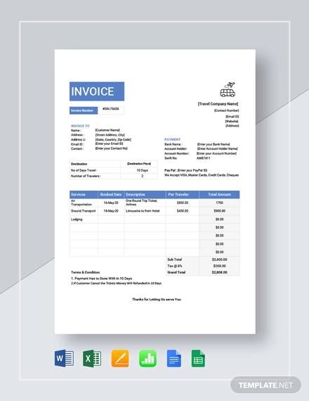 travel service invoice template