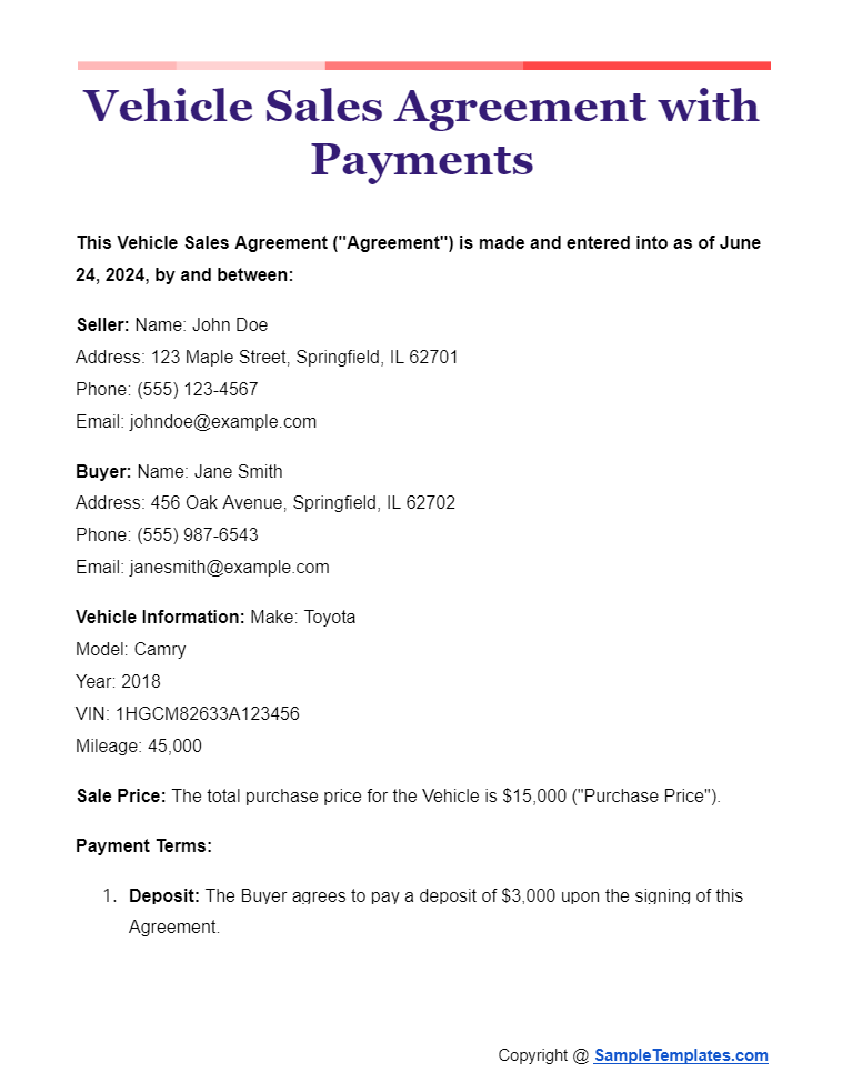 vehicle sales agreement with payments