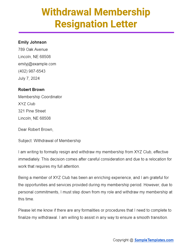withdrawal membership resignation letter