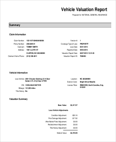vehicle valuation report