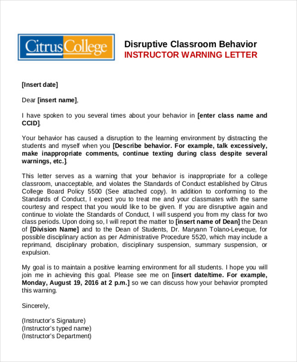 student conduct warning letter