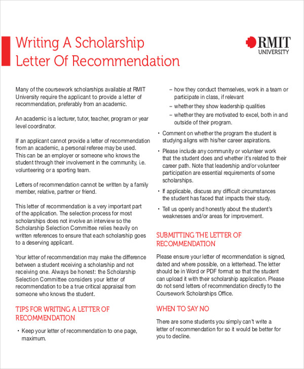 recommendation letter for scholarship