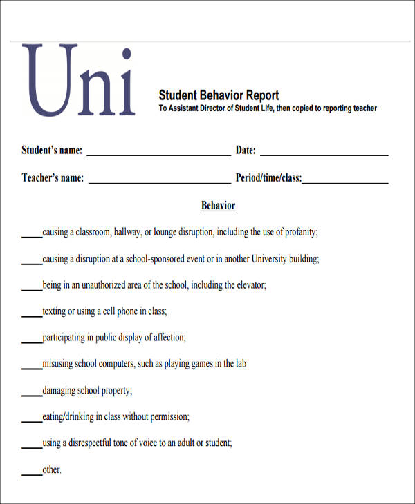 student behavior report free