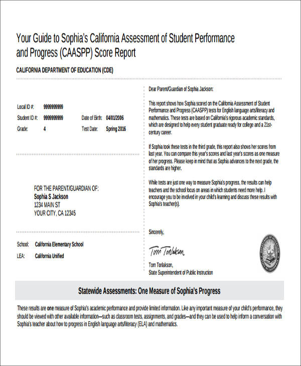 sample school student report