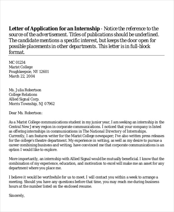 letter of application for an internship