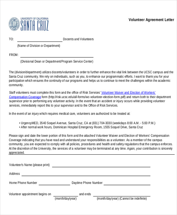 volunteer agreement letter