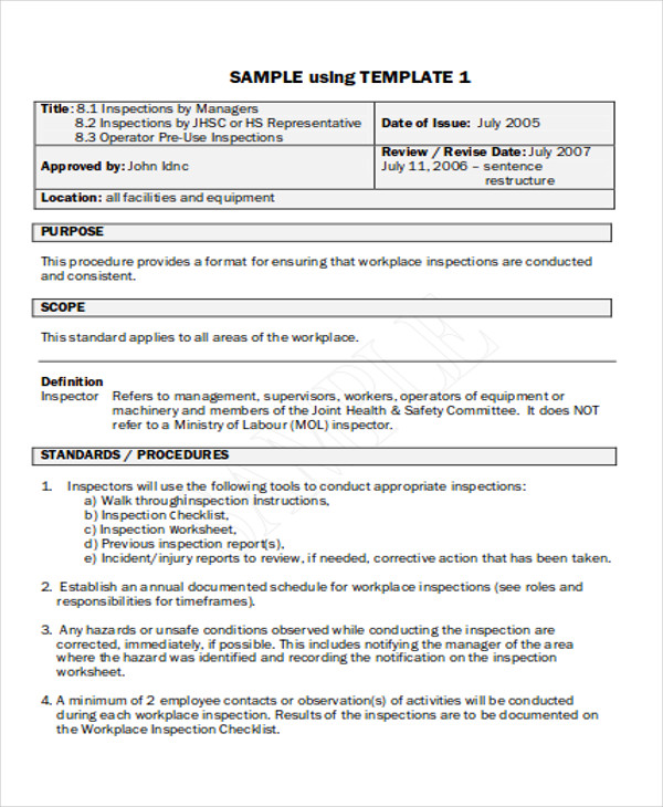 review document checklist sample Reports Sample Inspection Free 11    Example Sample,