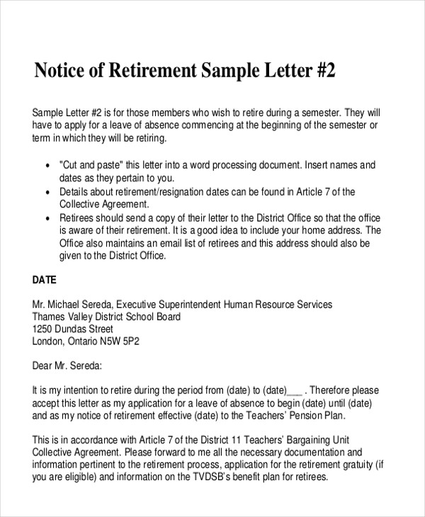 notice of retirement sample letter