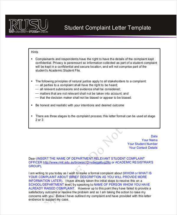 student complaint letter