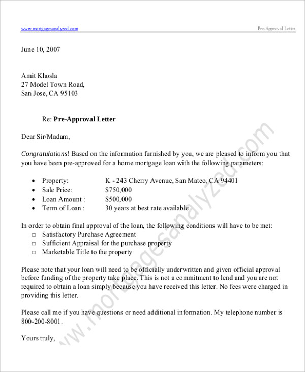 sample pre approval letter