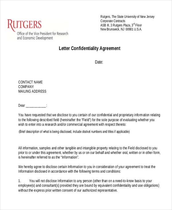 confidentiality agreement letter