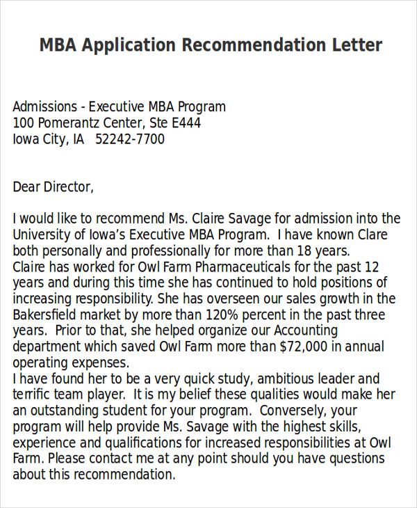 Recommendation Letter For Mba Sample