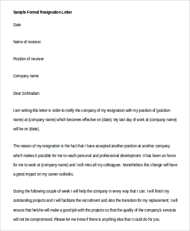 resignation formal letter