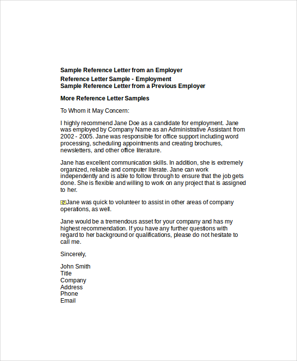 Reference Letter For Past Employee