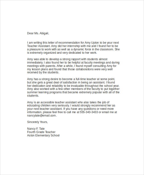 teacher assistant recommendation letter in doc