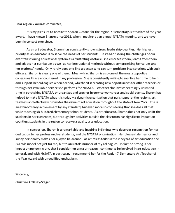 Teacher Of The Year Nomination Letter Example