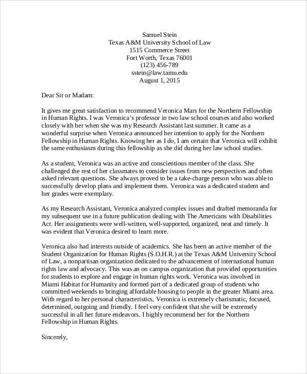 law school application letter of recommendation sample